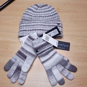 JOCELYN Hat Womens Gray Knit Beanie Space Dye Stripe Matching Gloves Set $130